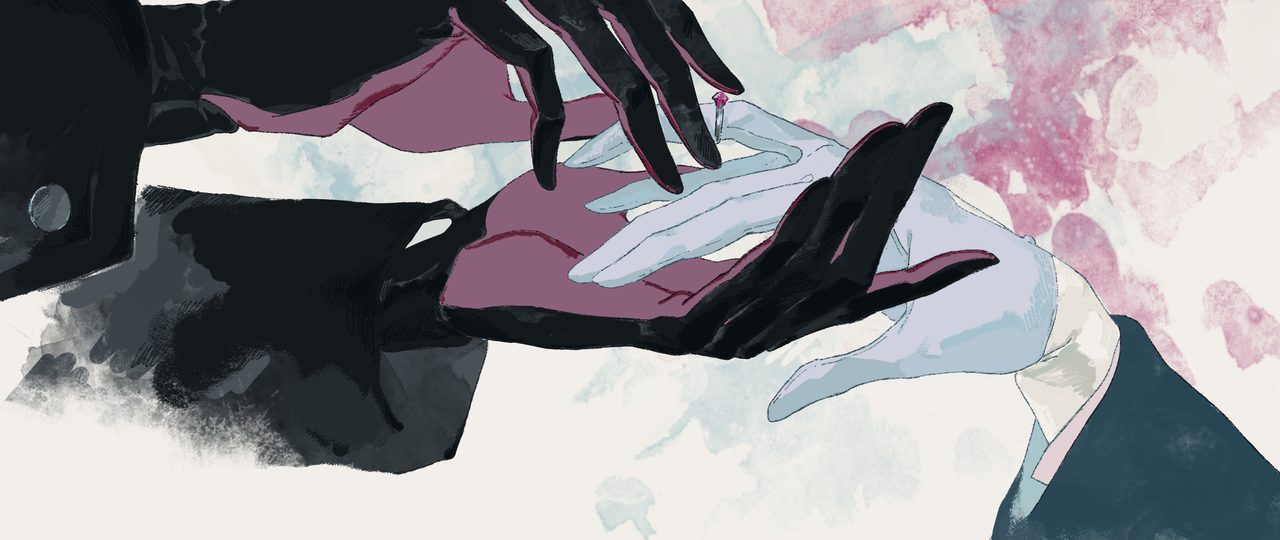Gloved and bare hands reach for one another across a wash of rose ink