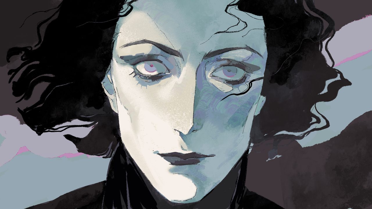 Portrait of the Inquisitor, pale and composed, framed by black hair