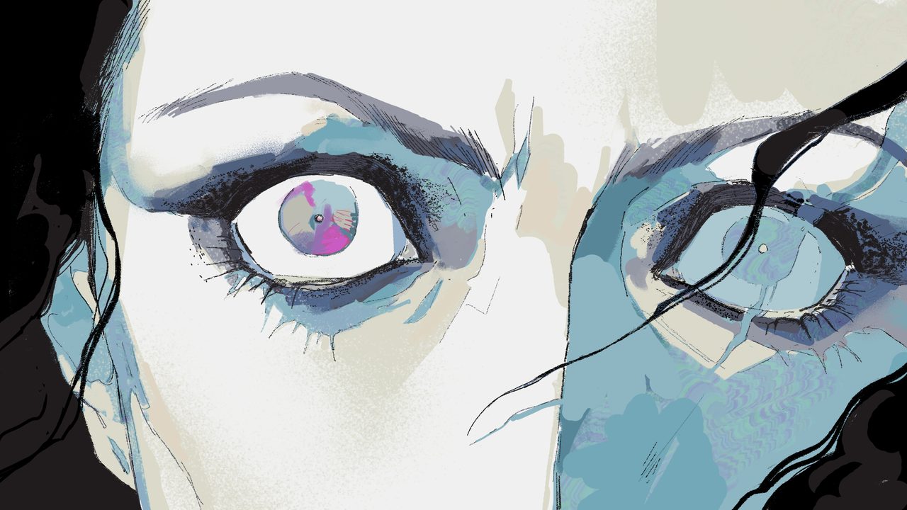 Ink-and-watercolour close-up of the Inquisitor's wide, unblinking eye