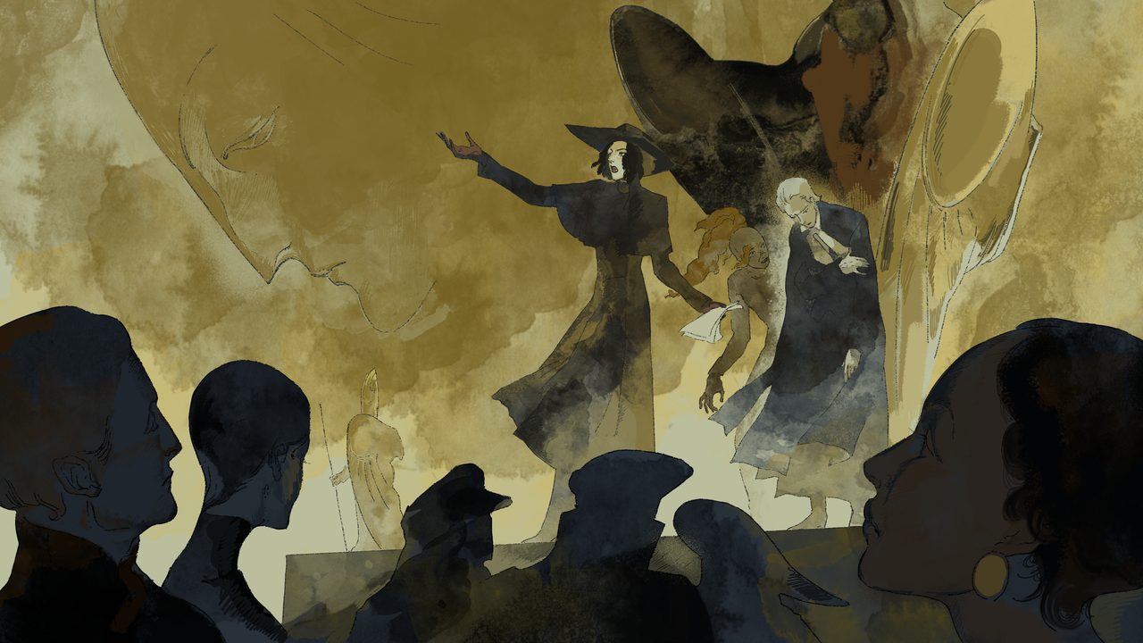 A robed procurator raises his arms over a crowd of silhouettes on an ochre stage