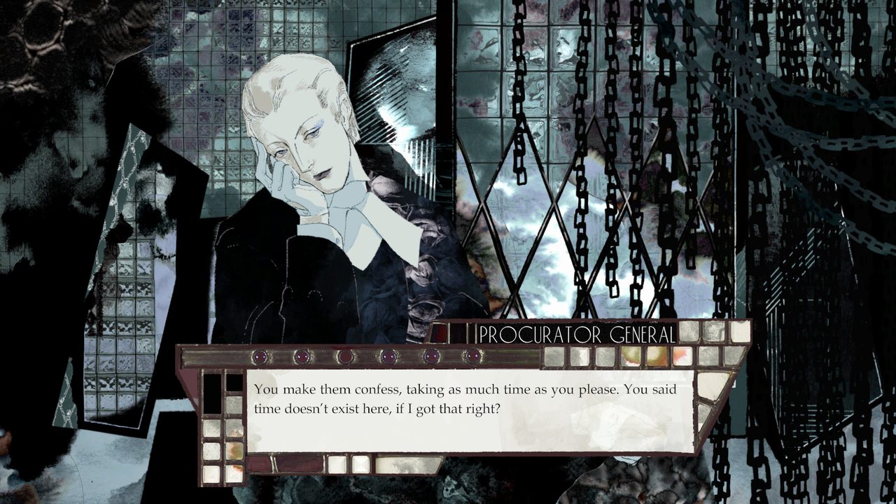 Dialogue with the Procurator General inside an Art Deco stained-glass interface