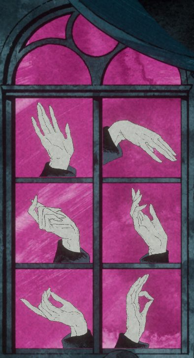 A stained-glass window with six hands, each making a different secret signal