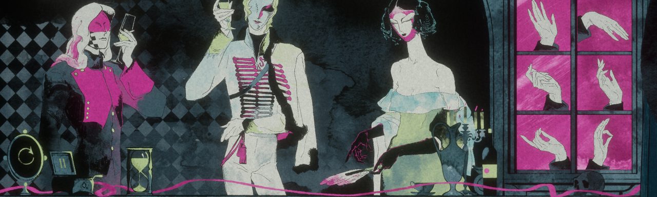 Three masked guests of Stulti et Avari before a magenta stained-glass window of hands