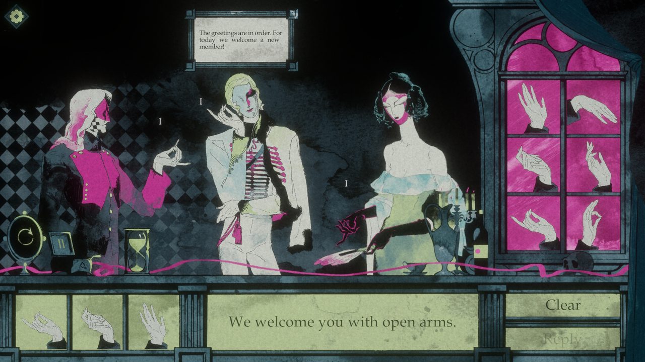 Masked guests of the society exchange greetings beside a magenta stained-glass window of hands