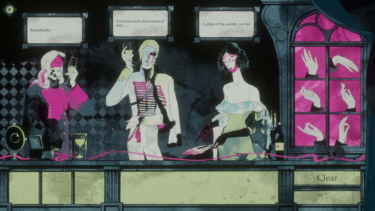 Three guests, two of them raising glasses, stand before a magenta stained-glass window of hands; speech boxes hang above them