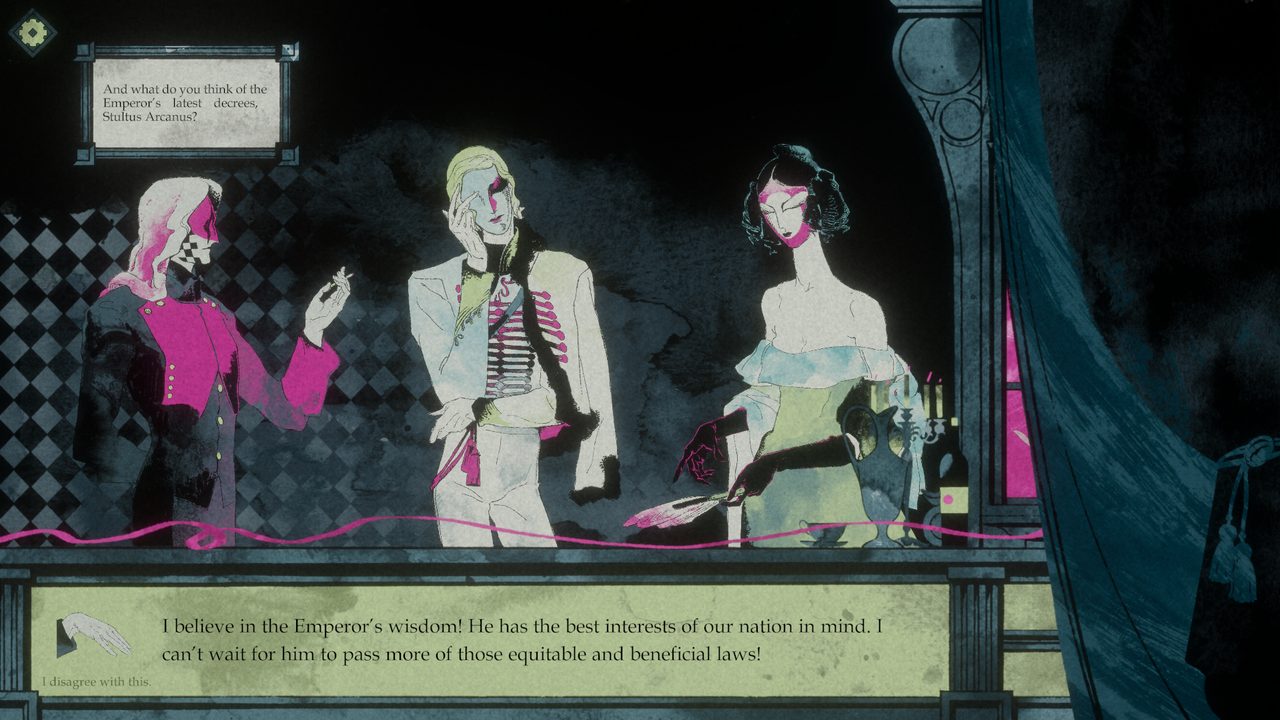 A guest in a white uniform asks the Inquisitor about the Emperor's decrees